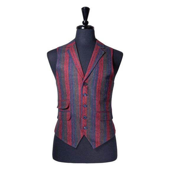 Mens Vest 40R Red Blue Green Striped Wool Waistcoat Medium Western Casual Preppy - Picture 1 of 10